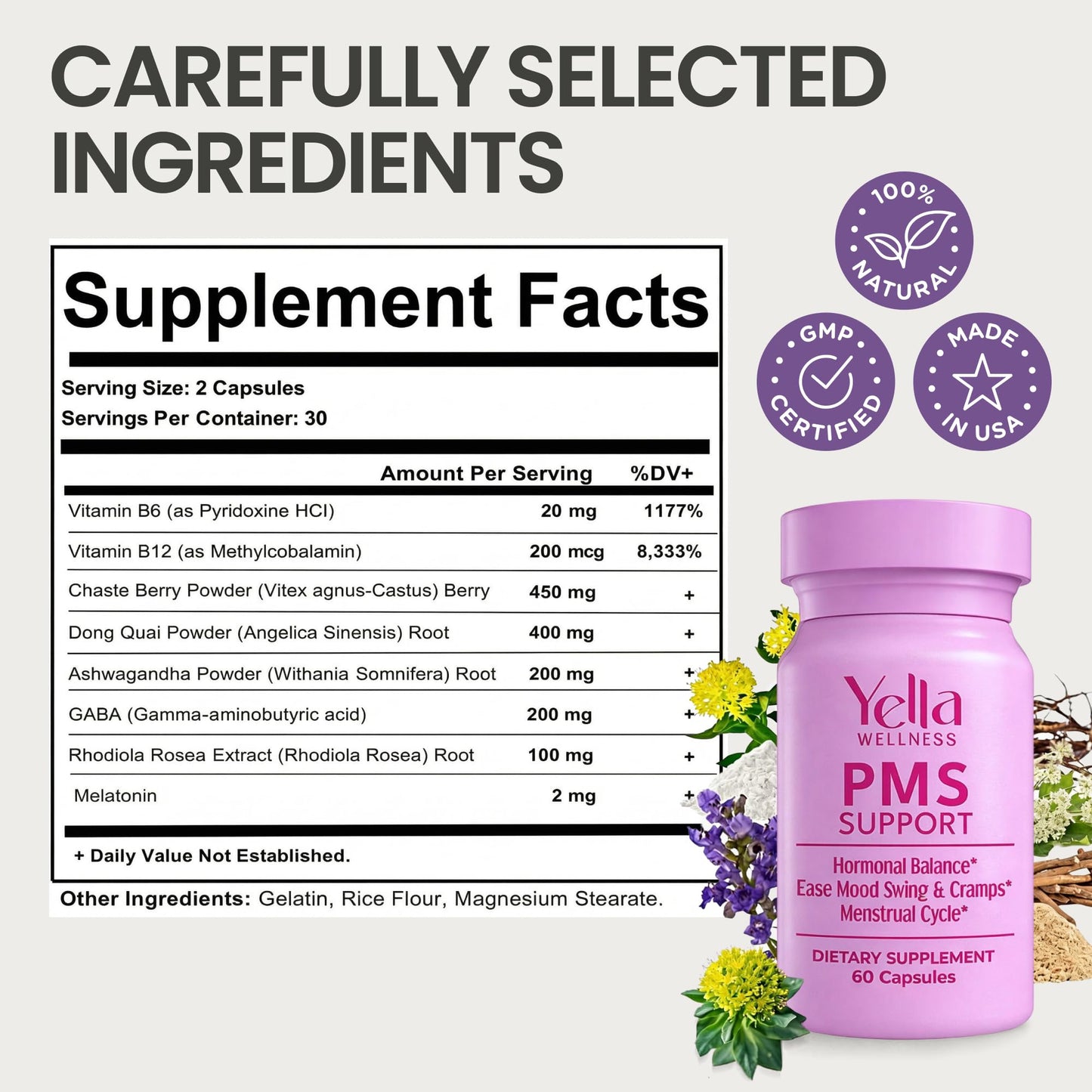 YELLA WELLNESS Hormone Balance for Women PMS Support with Chaste Tree, Dong Quai and Ashwagandha Capsules, 60 Count
