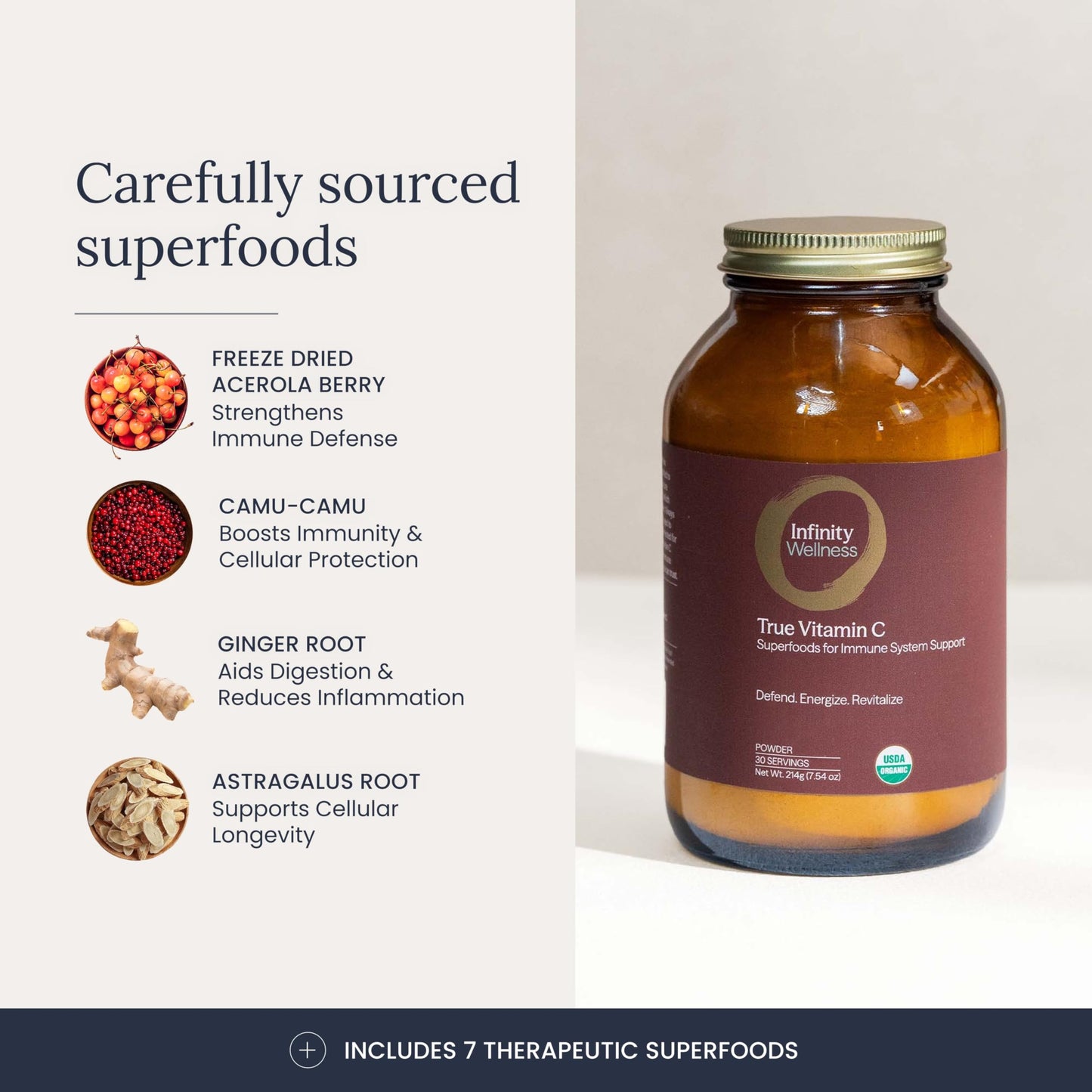 Infinity Greens Organic Whole-Food Sourced Vitamin C Powder with Acerola, Camu Camu & Amla, 1000mg Superfood C, High-Potency, Shilajit, Astragalus Root & Ginger, Vegan, Non-GMO, Powder, 7.55 oz