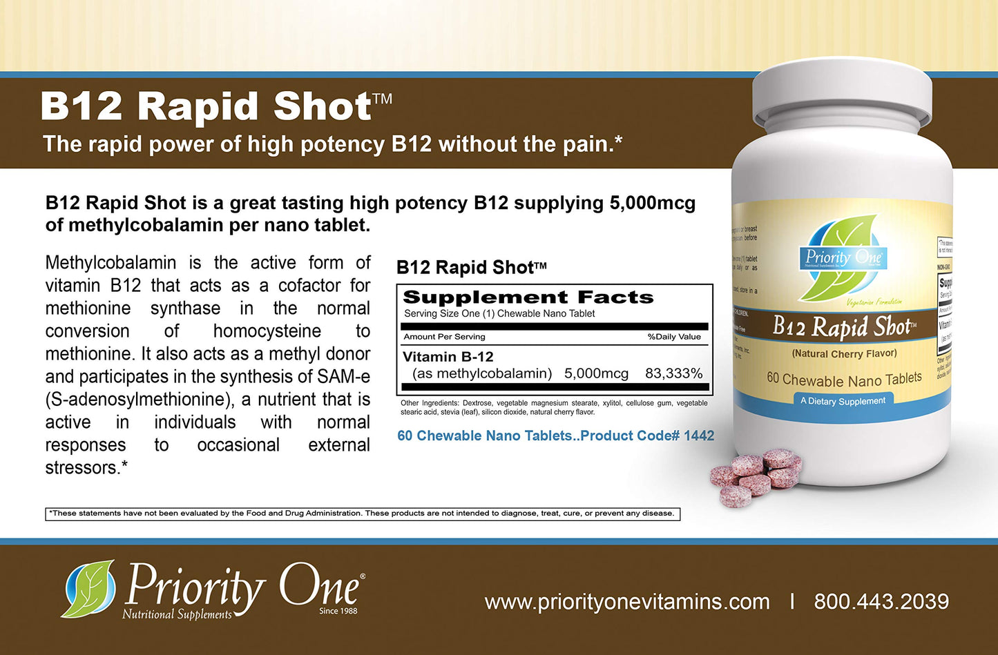 Priority One Vitamin B12 Rapid Shot Methylcobalamin Chewable Tablets, 60 Count