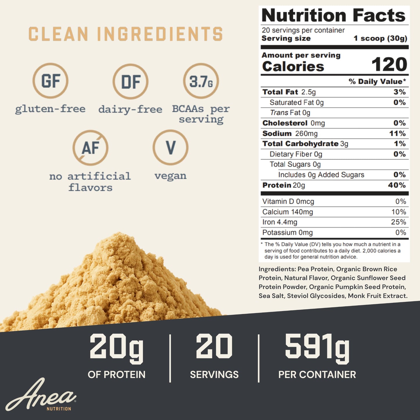 Anea Nutrition Plant Based Protein Powder Vanilla, 20 Servings