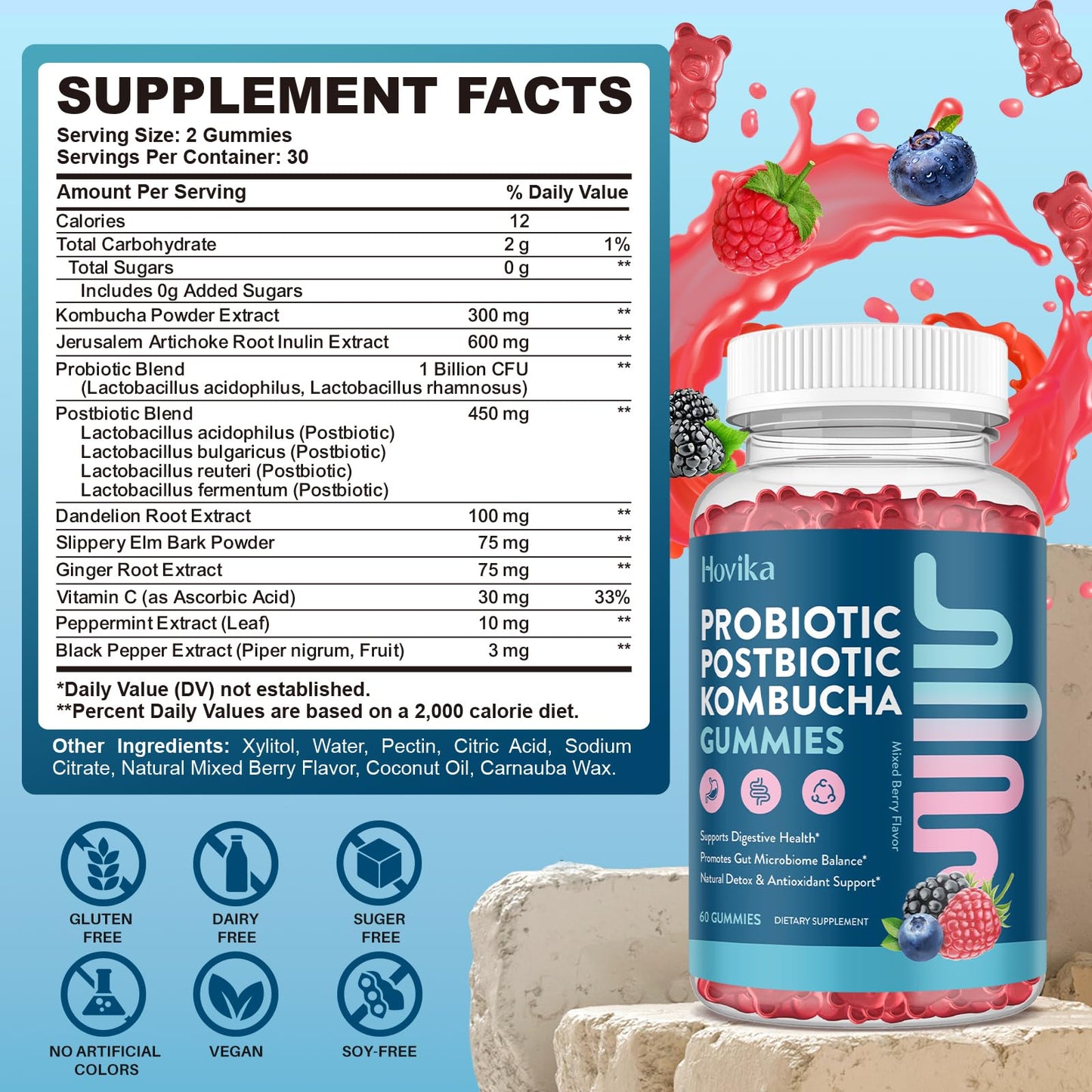 Hovika Probiotic Kombucha Gummies for Digestive Health, 60 Gummies