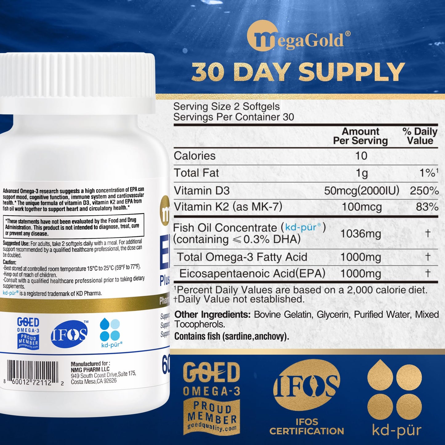 MegaGold Pro Fish Oil EPA 1000mg Omega 3 with Vitamins D3 & K2 Softgels 60