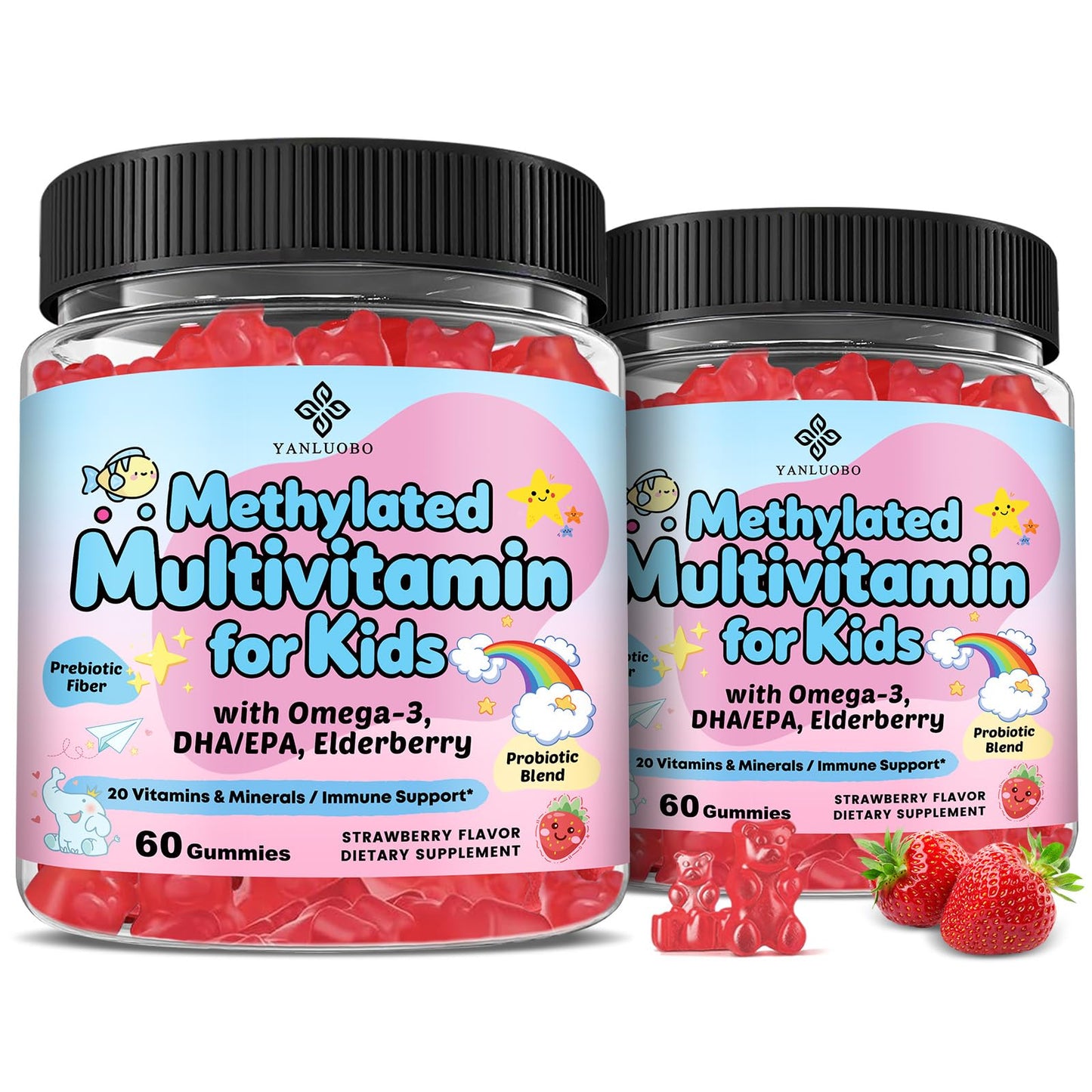 YANLUOBO Kids Multivitamin Gummies with Omega-3 (DHA+EPA), Methylated B12 & Folate, B6, B2 & Elderberry, Vitamin D3, Vitamin C, Vitamin A, Vitamin E, Zinc, Postbiotics & Choline – for Brain, Eye & Immune Support, Sugar Free, 120 Gummies