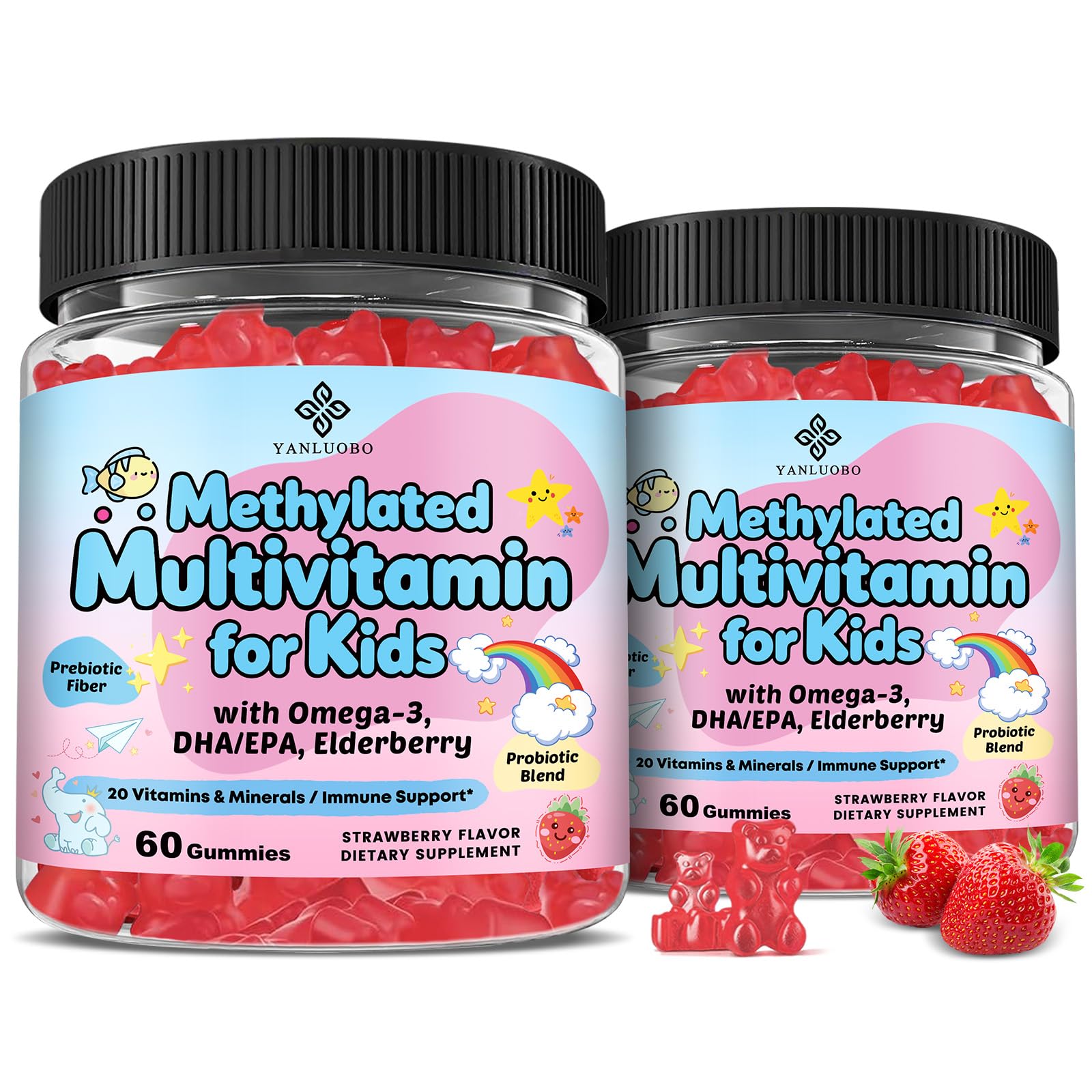 YANLUOBO Kids Multivitamin Gummies with Omega-3 (DHA+EPA), Methylated B12 & Folate, B6, B2 & Elderberry, Vitamin D3, Vitamin C, Vitamin A, Vitamin E, Zinc, Postbiotics & Choline – for Brain, Eye & Immune Support, Sugar Free, 120 Gummies