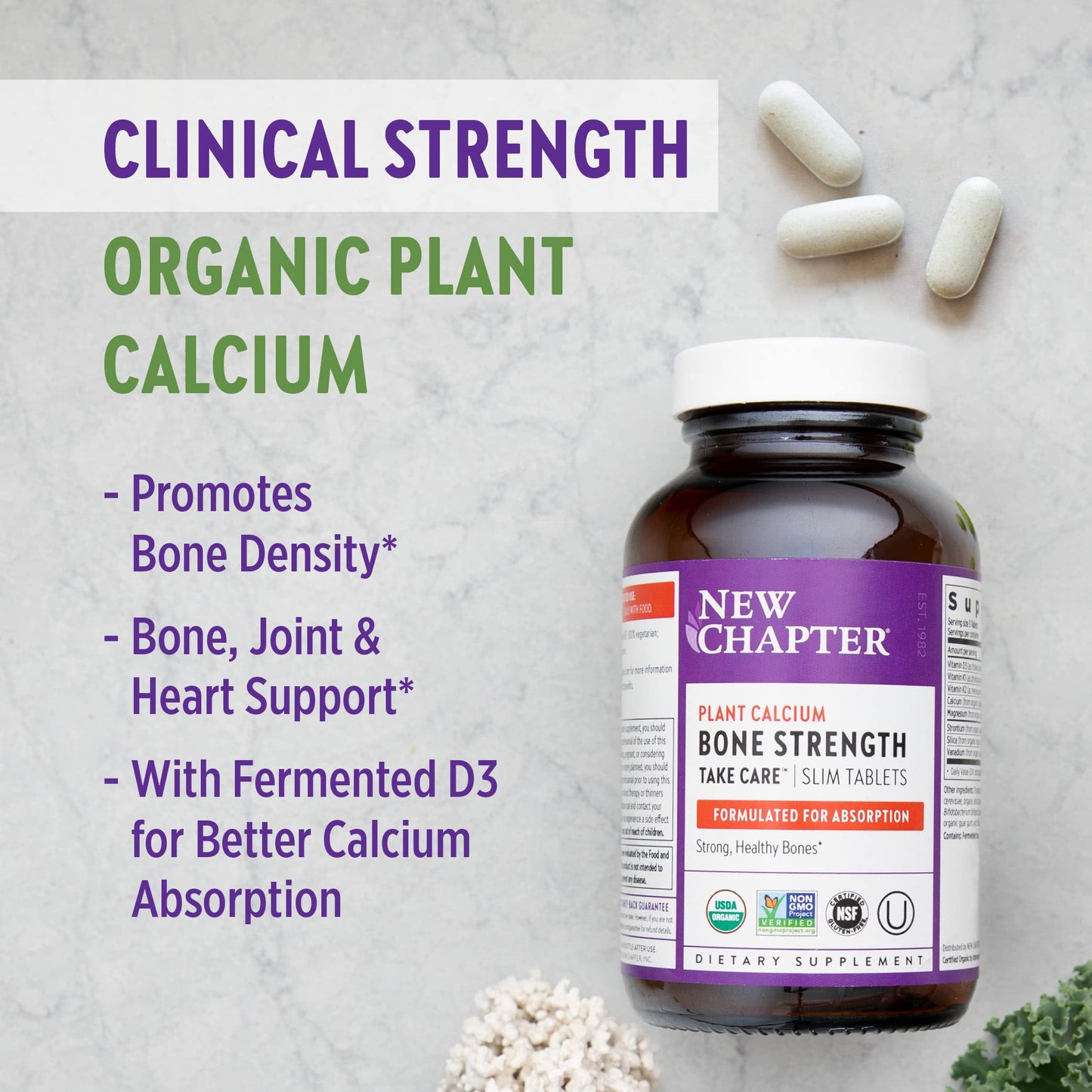New Chapter Calcium Supplement - Bone Strength Whole Food Calcium with Vitamin K2 + D3 + Magnesium Tablet 90 Count