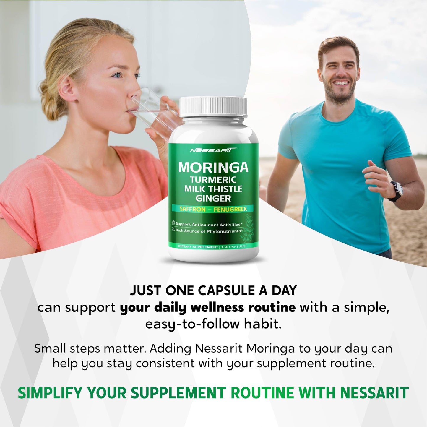 NESSARIT Moringa Supplement 10-in-1 Natural Blend with Turmeric Milk Thistle Ginger Saffron Fenugreek Holy Basil Ceylon Cinnamon Capsule 150 Count