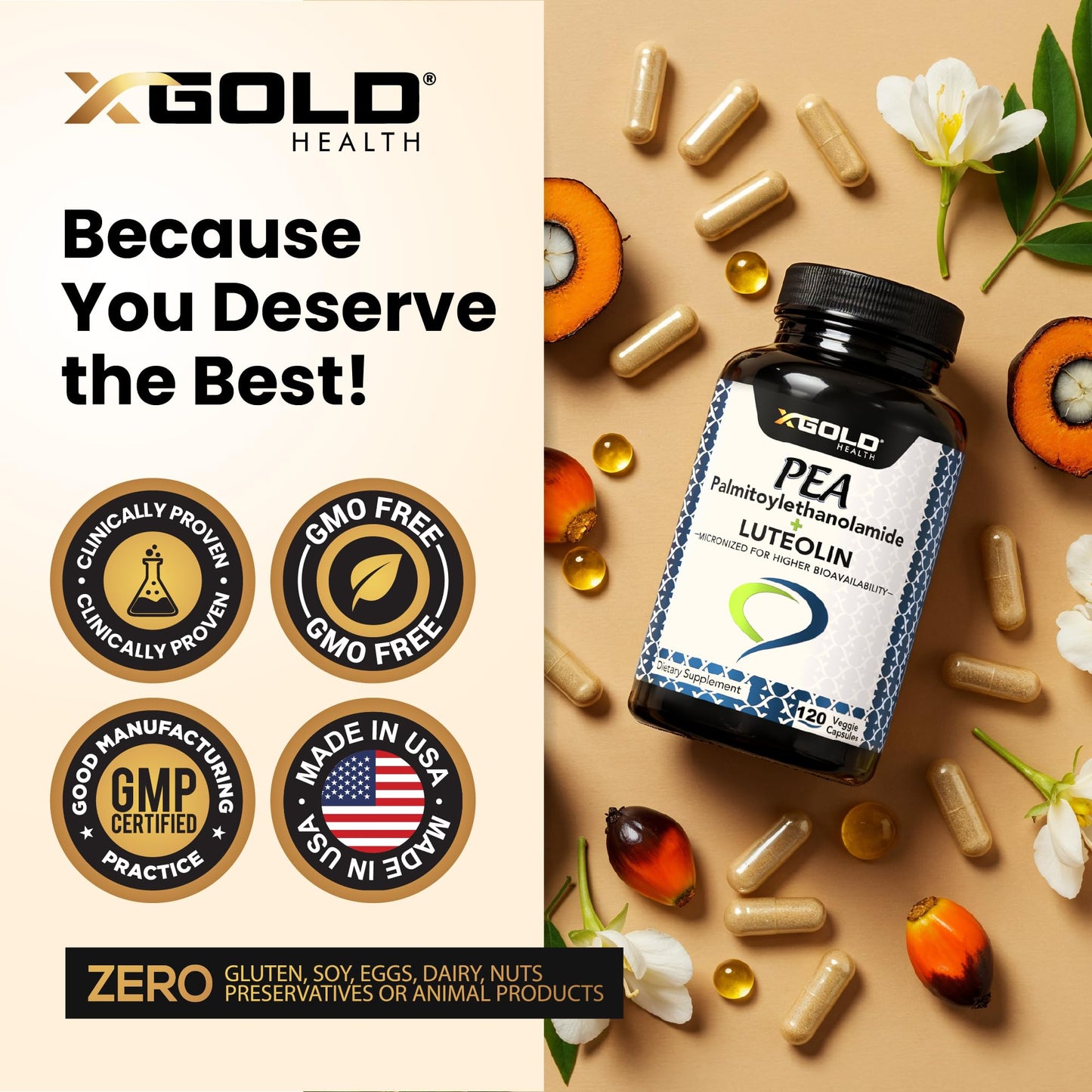 X Gold Health Palmitoylethanolamide 630 mg + Luteolin Standardized 98% Micronized Pea 99% Highly Purified and Bioavailable Capsule 120 Count