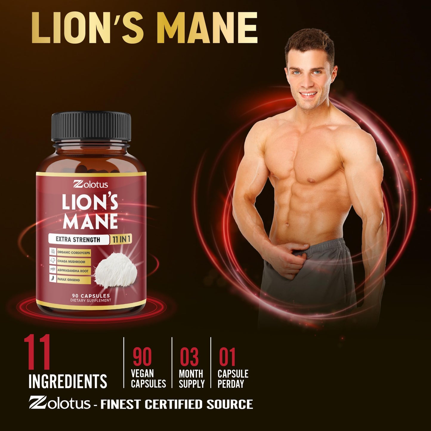 Zolotus 11 in 1 Lions Mane Mushroom Capsules, 90 Capsules