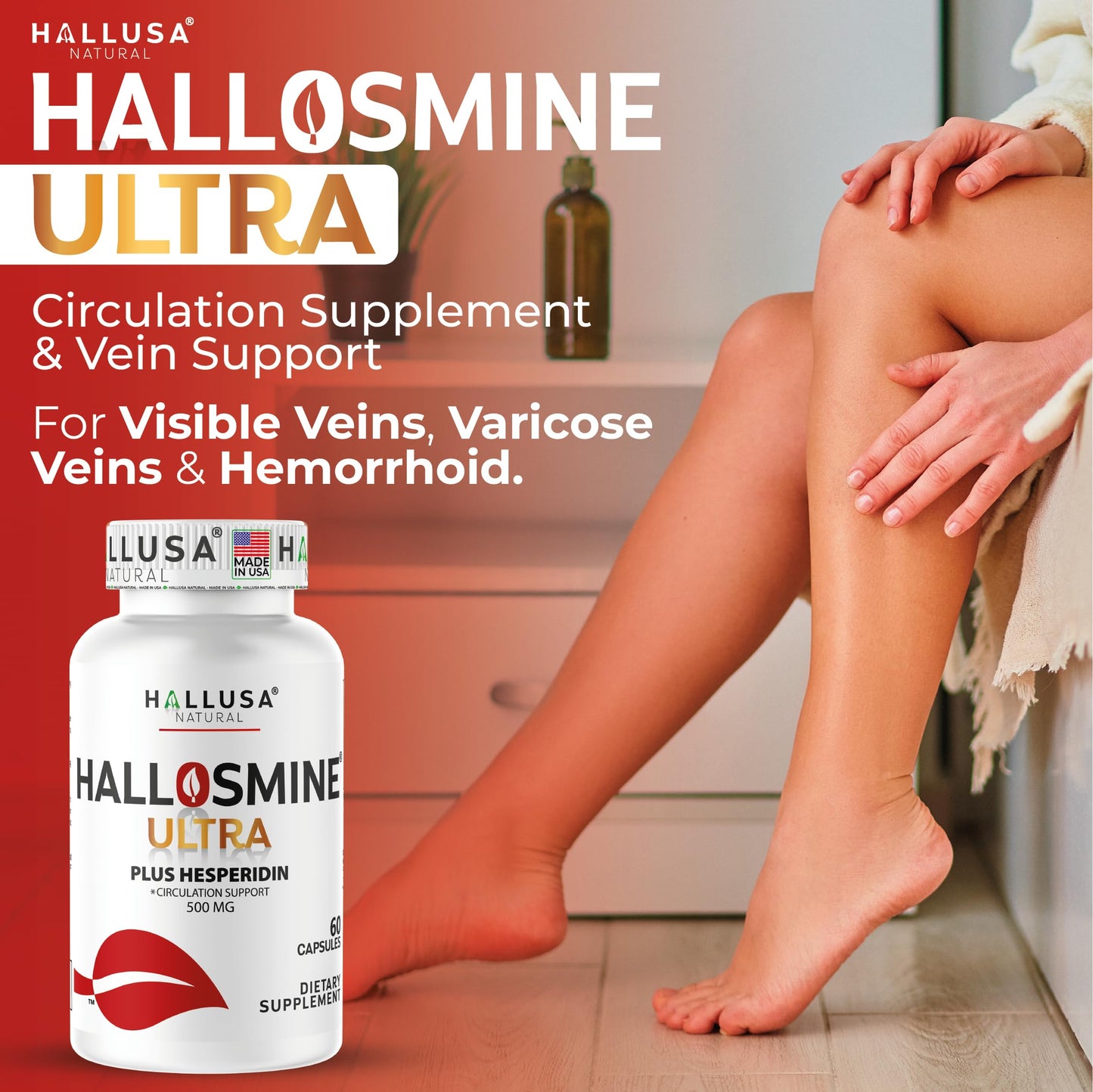 Hallusa Natural Hallosmine Ultra Diosmin 500mg & Hesperidin 150mg – Heavy Legs, Swelling & Vein - Blood Circulation Supplements Capsules, 60 Capsules