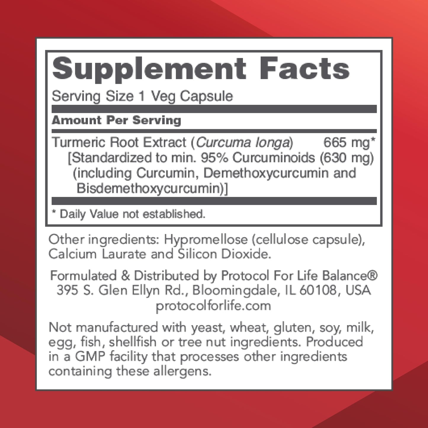 Protocol for Life Balance Curcumin Turmeric Root Extract 665 mg Curcumin Capsules 60 Count