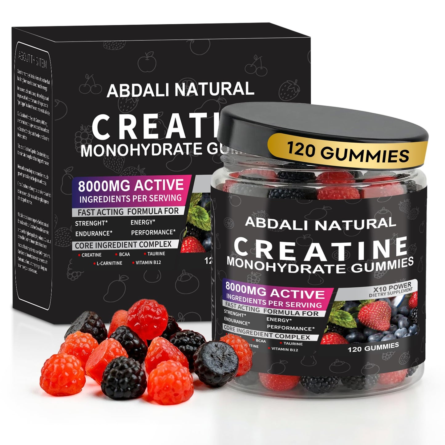 ABDALI NATURAL Creatine Gummies 8000mg Complex – Pre Workout Creatine with L-Taurine & BCAA 2:1, Multi-Flavor Chewable Gummies, 120 Count