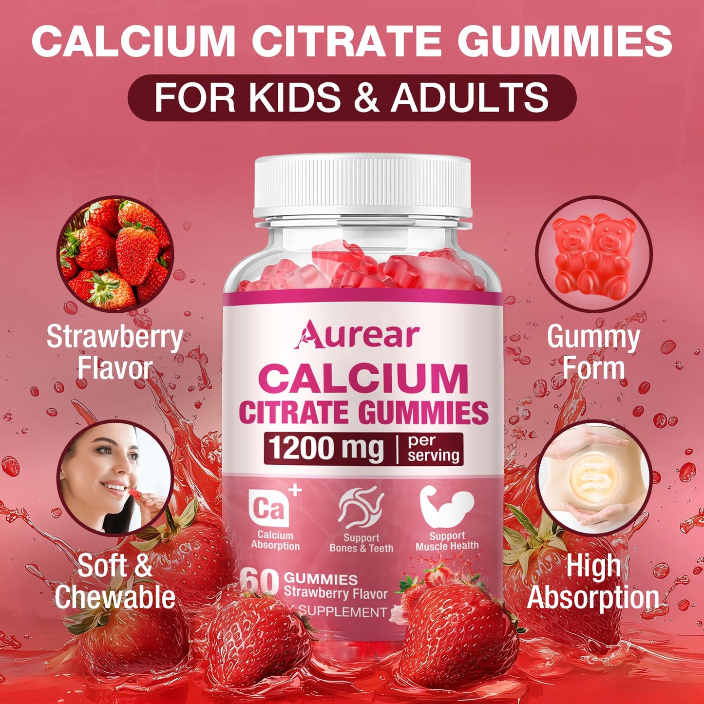 Aurear 1200mg Calcium Citrate Gummies 60 Count