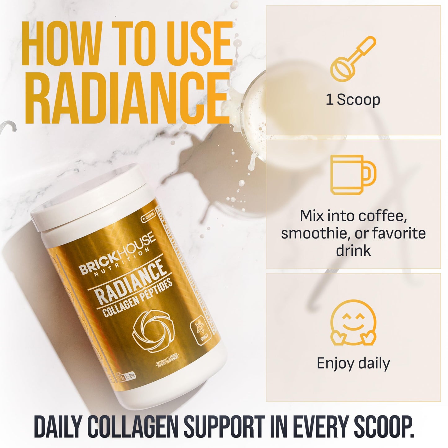 BrickHouse Nutrition Radiance Collagen Peptides Powder with Hyaluronic Acid Vanilla, 13 oz