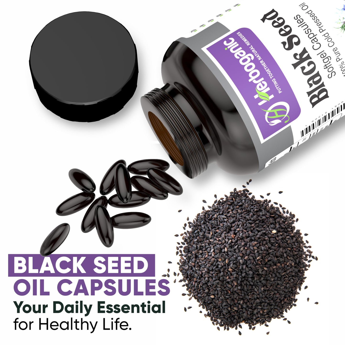 HERBOGANIC Cold Pressed Black Seed Oil Capsules 90 Count