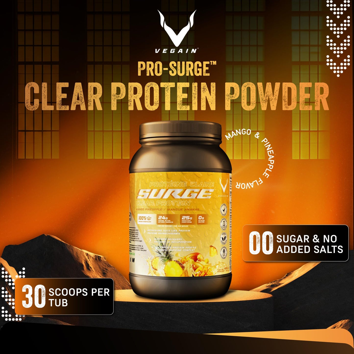 VEGAIN PRO-SURGE Clear Protein + Electrolytes Plant-Based Protein Isolate Powder Mango Pineapple Flavor - 16 Servings