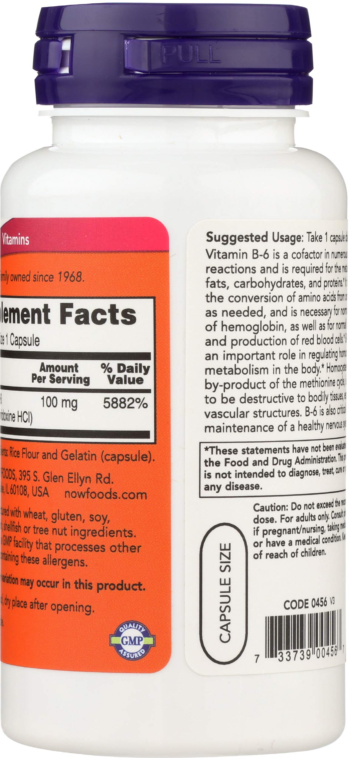 NOW Foods Vitamin B6 100 mg Capsules, 100 Count