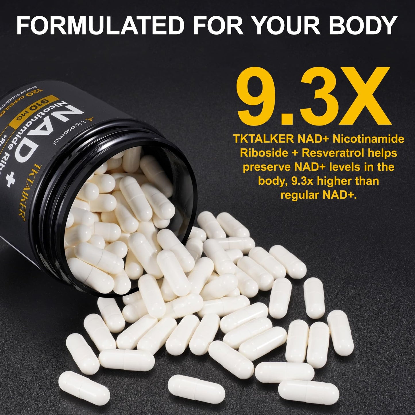 TKTALKER NAD Supplement 910mg Liposomal Nicotinamide Riboside with Resveratrol & Quercetin, 120 Capsules