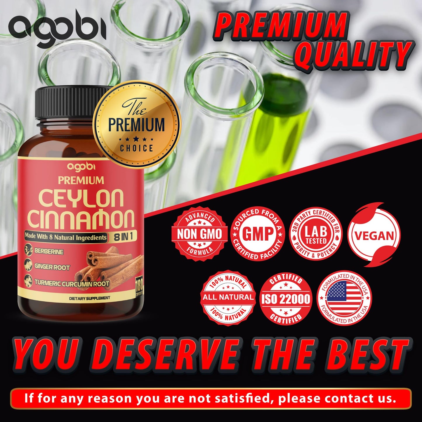 agobi Premium Ceylon Cinnamon with Berberine Supplement - 8in1 Turmeric, Ginger, Gymnema & More - Body, Heart & Overall Vitality Capsules 180