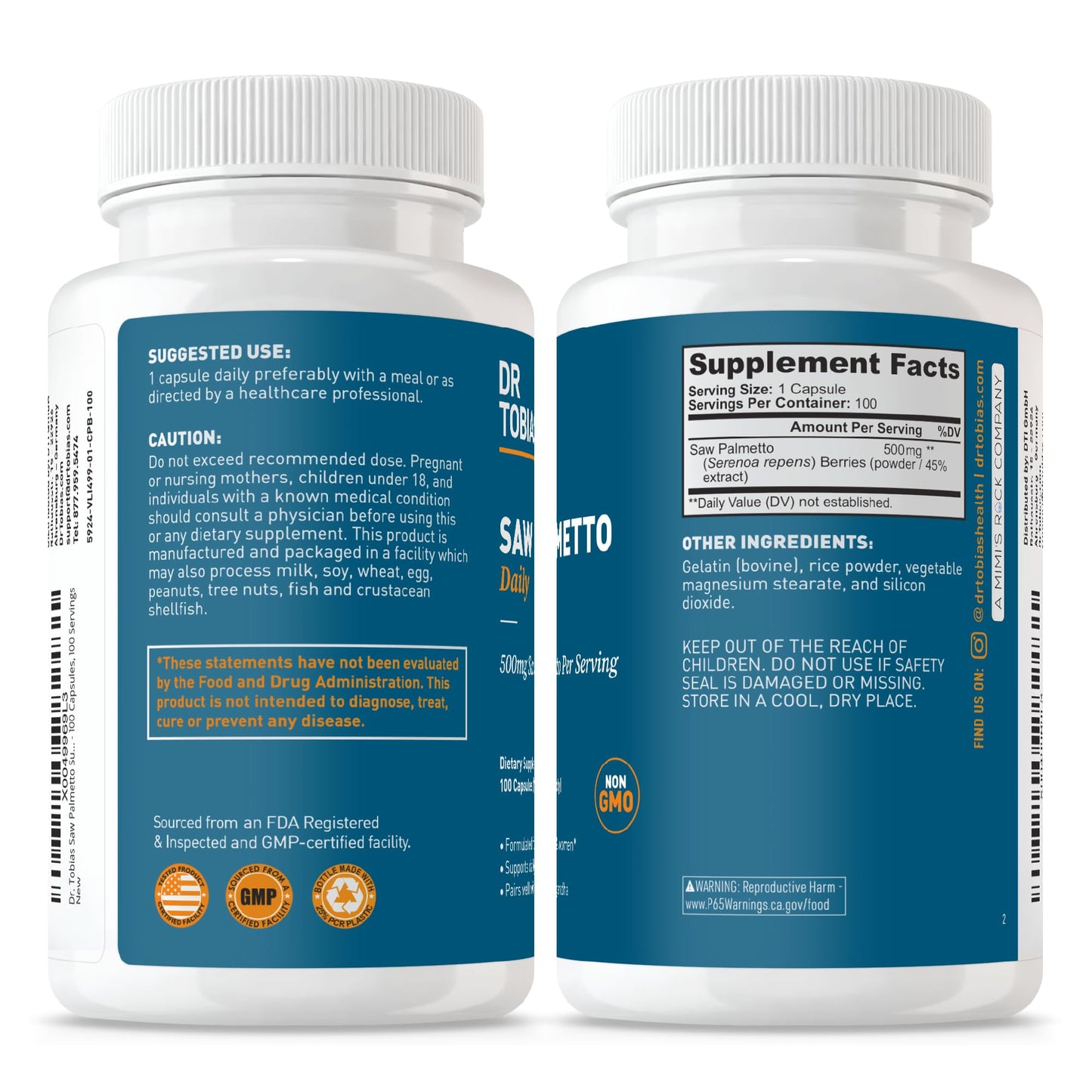 Dr. Tobias Saw Palmetto 500 mg Capsules, 100 Count