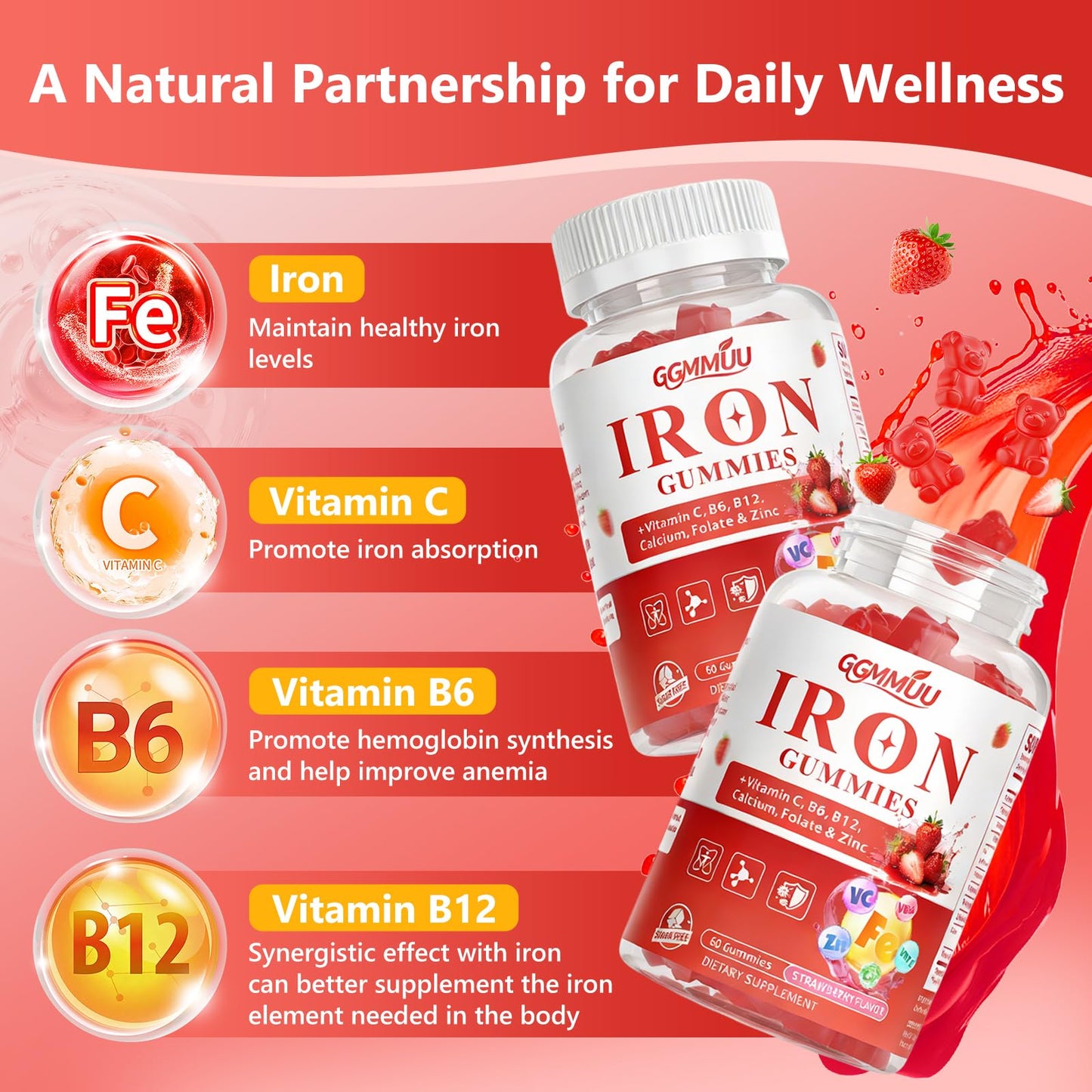 GGMMUU Sugar Free Iron Gummies for Energy Support, 60 Count