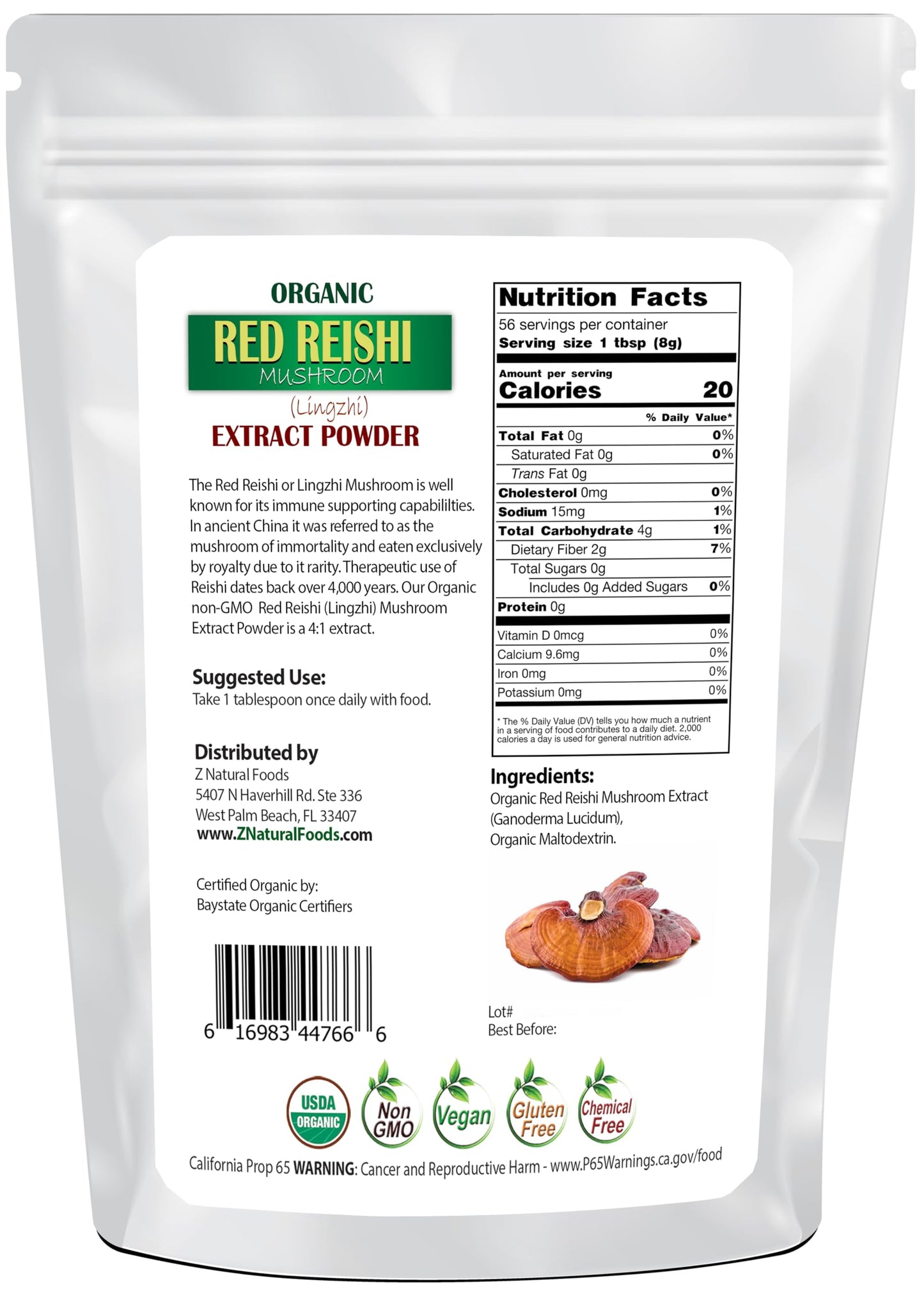 Z Natural Foods Organic Reishi Mushroom Extract Powder, 16 oz