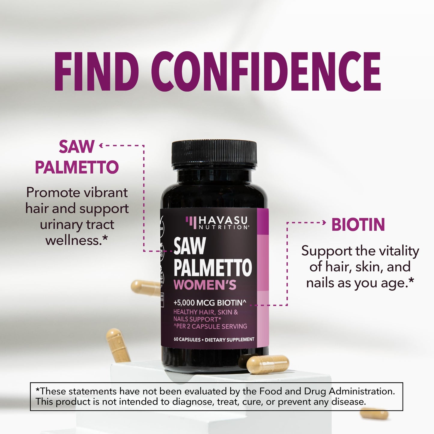 HAVASU NUTRITION Saw Palmetto for Women with Biotin 5000mcg Capsule, 60 Count