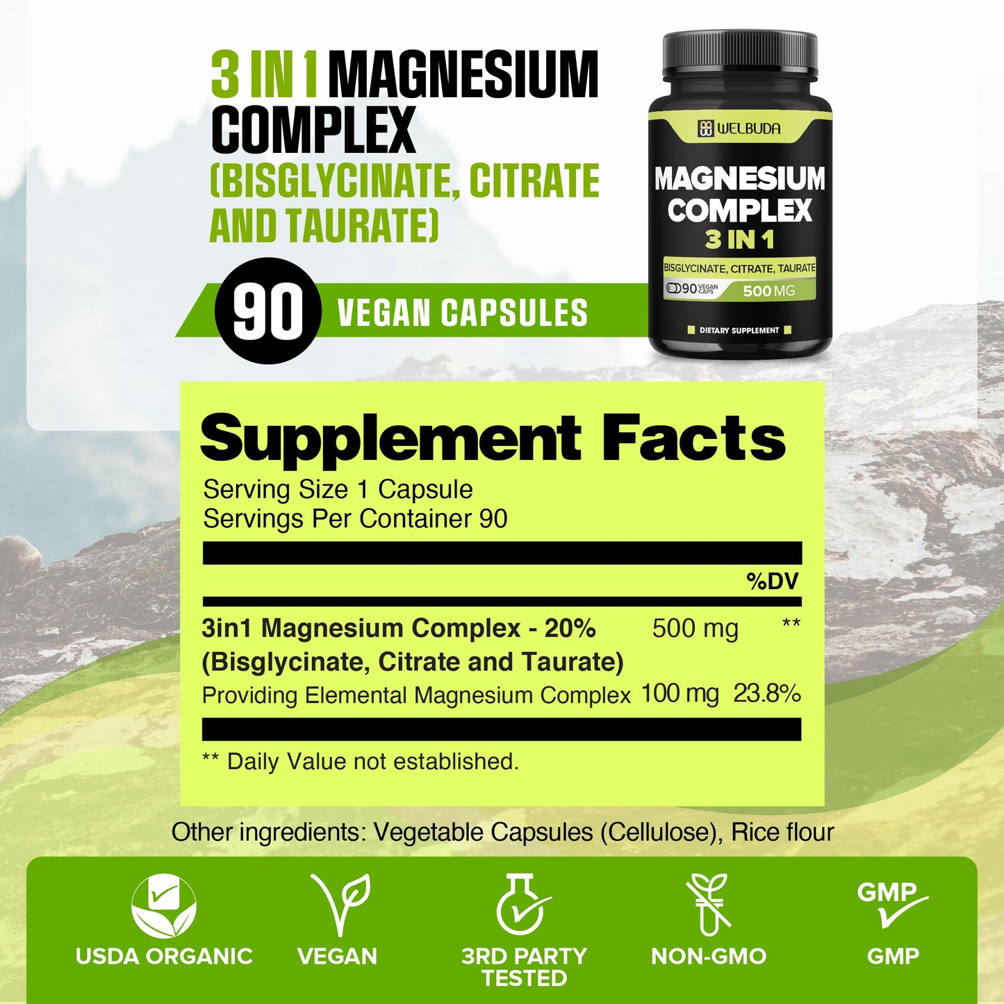 WELBUDA Magnesium Complex 3-in-1 Capsules, 500mg, 90 Count