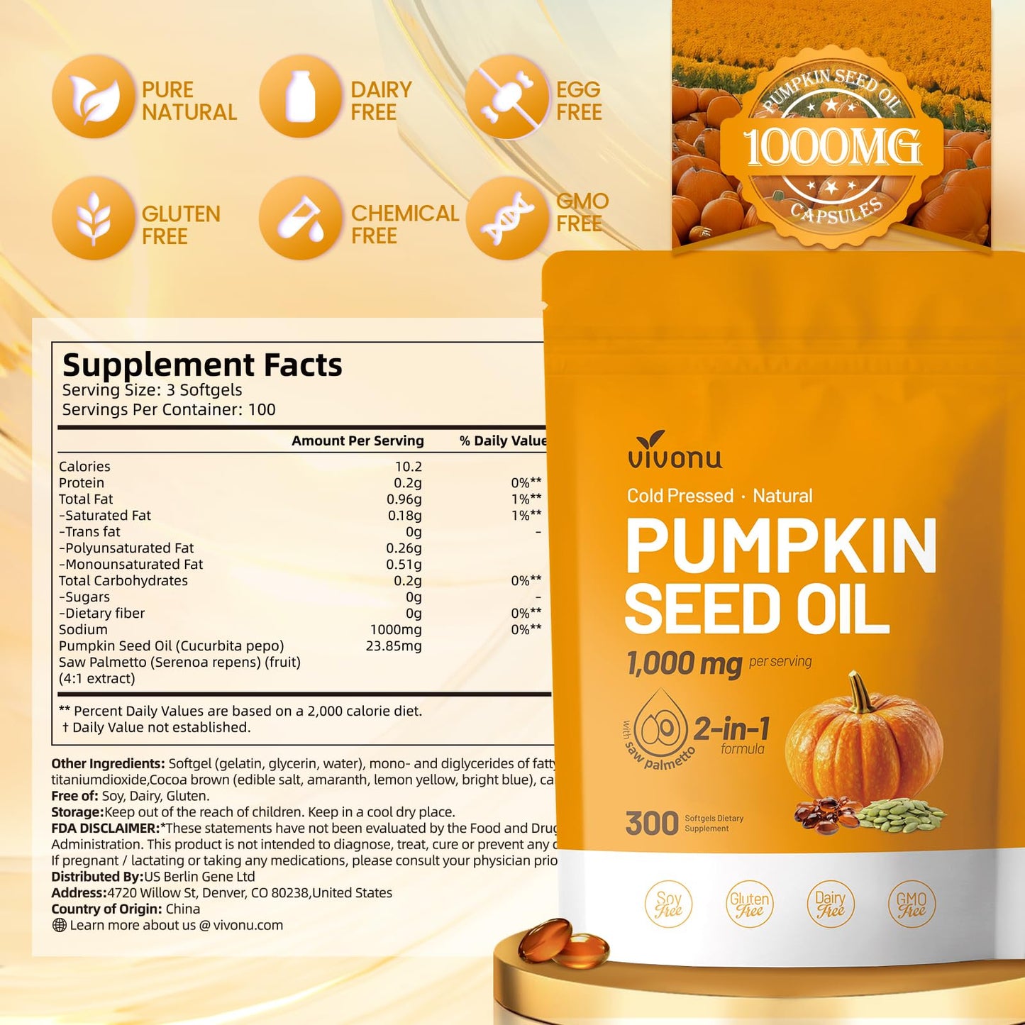 VivoNu Pumpkin Seed Oil with Saw Palmetto Softgels 540 Count