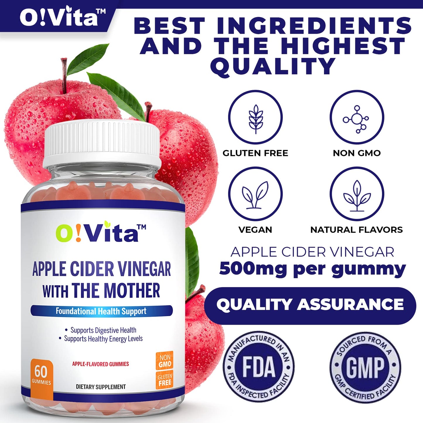 O!VITA Apple Cider Vinegar Gummies with The Mother, 60 Gummies