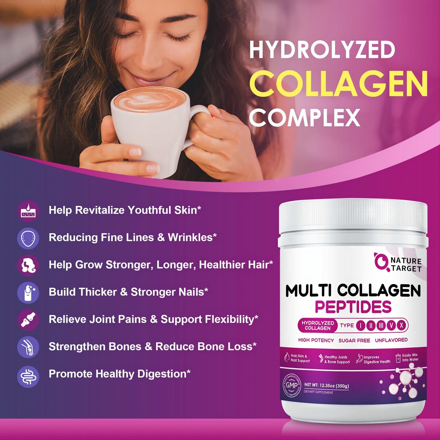 Nature Target Multi Collagen Peptides Powder - Type I, II, III, V, X, 12.35 oz