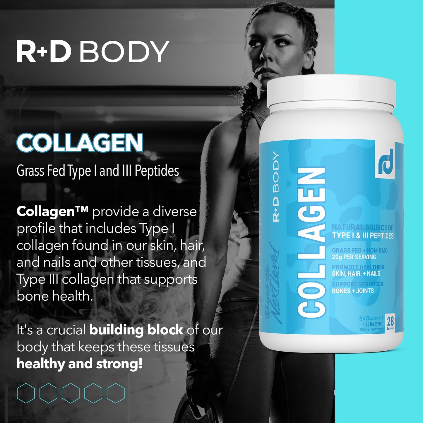 R+D Body Natural Hydrolyzed Collagen Peptides Powder - Grass-Fed Type I & III (20g per Serving) - Supports Skin, Hair, & Nails, Plus Joint & Bone Support - Unflavored - 28 Servings