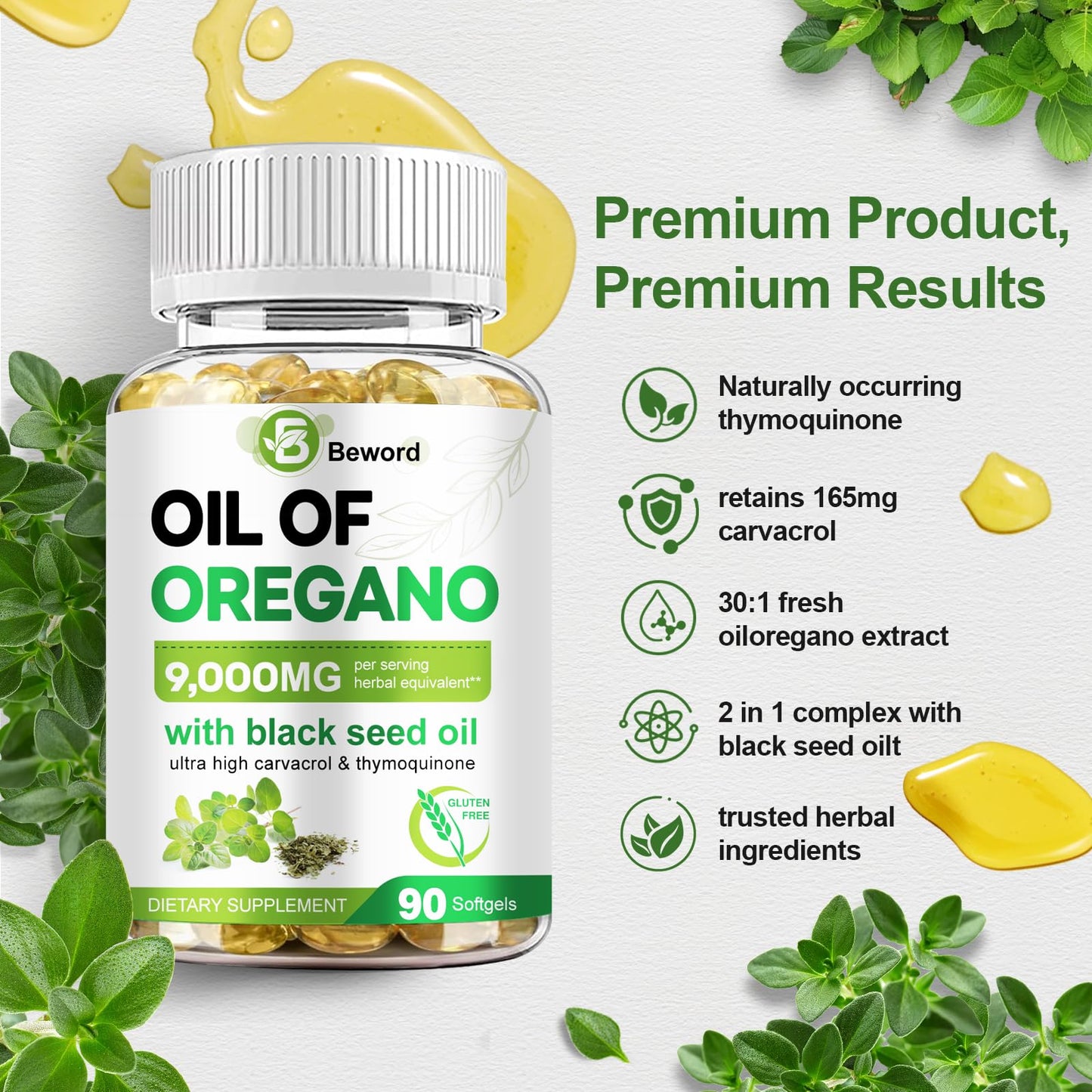 BEWORD Oil of Oregano with Black Seed Oil Softgels 90