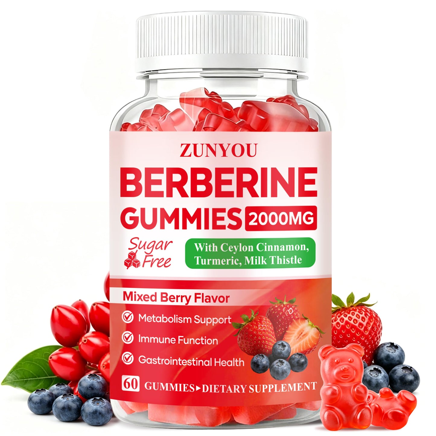 ZUNYOU Berberine Gummies 2000mg with Ceylon Cinnamon for Metabolism and Immune Support, Sugar Free, Vegan, Non-GMO, 60 Gummies