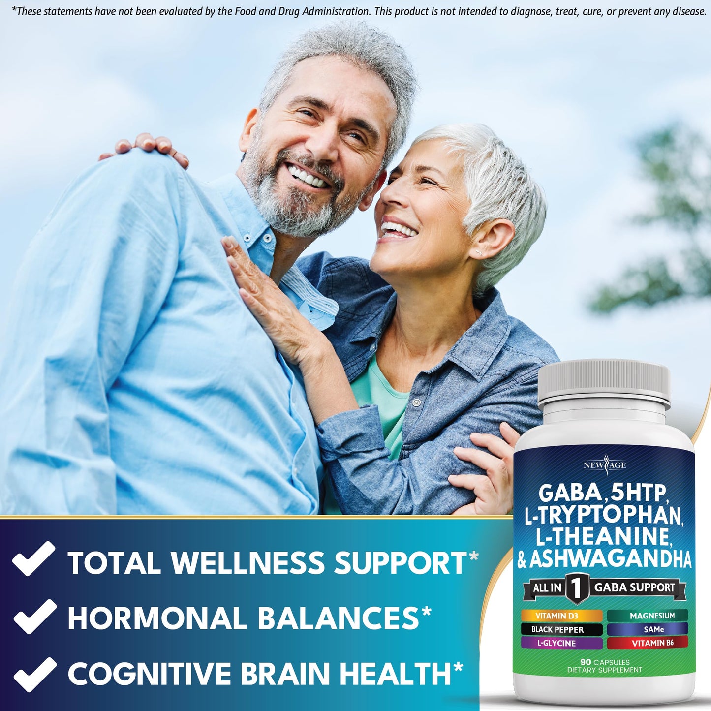 NEW AGE GABA 750mg 5-HTP 200mg L-Tryptophan 500mg L-Theanine 200mg Ashwagandha SAM-e L-Glycine Capsules, 90 Count