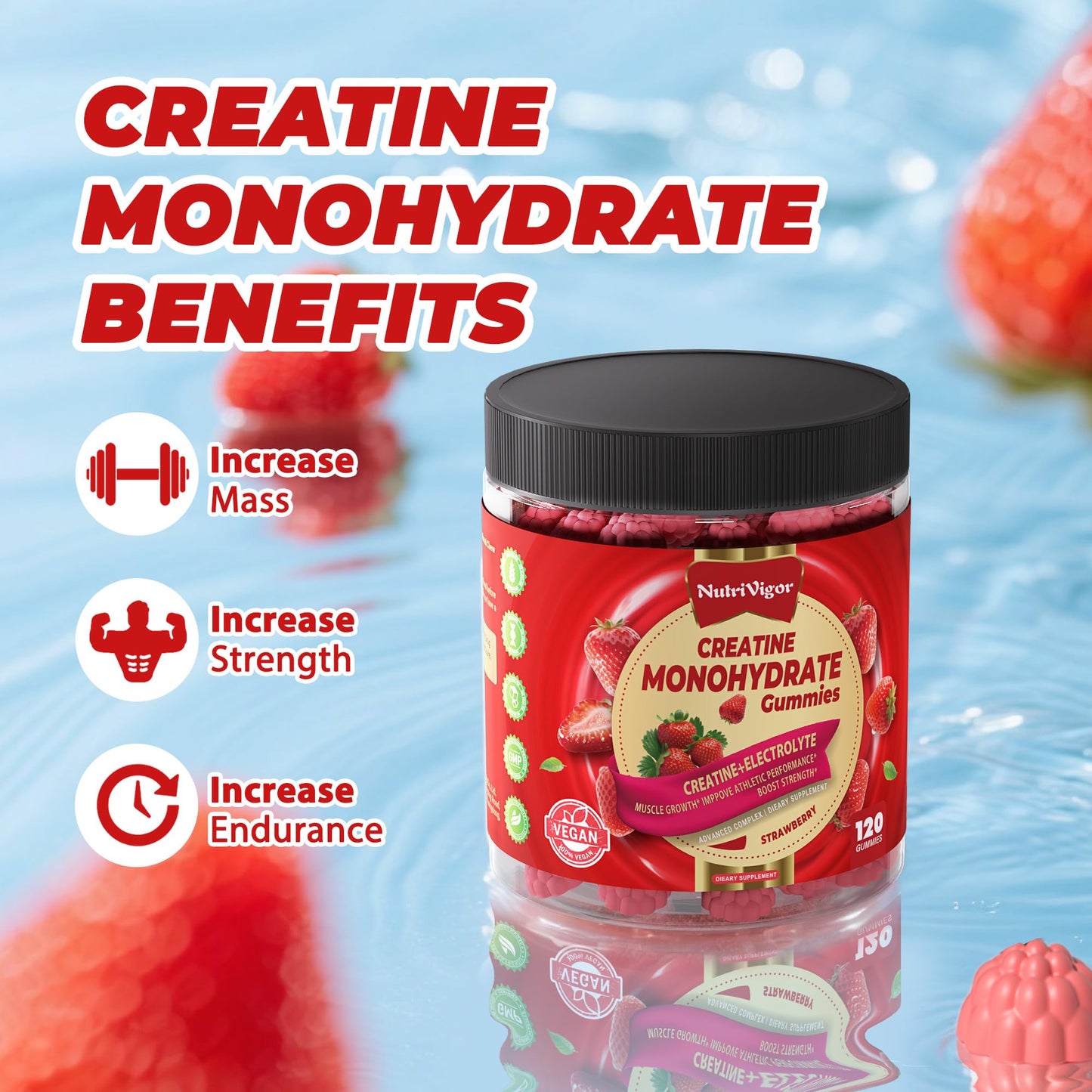 NutriVigor Creatine Monohydrate Gummies 5g Strawberry 120 Count