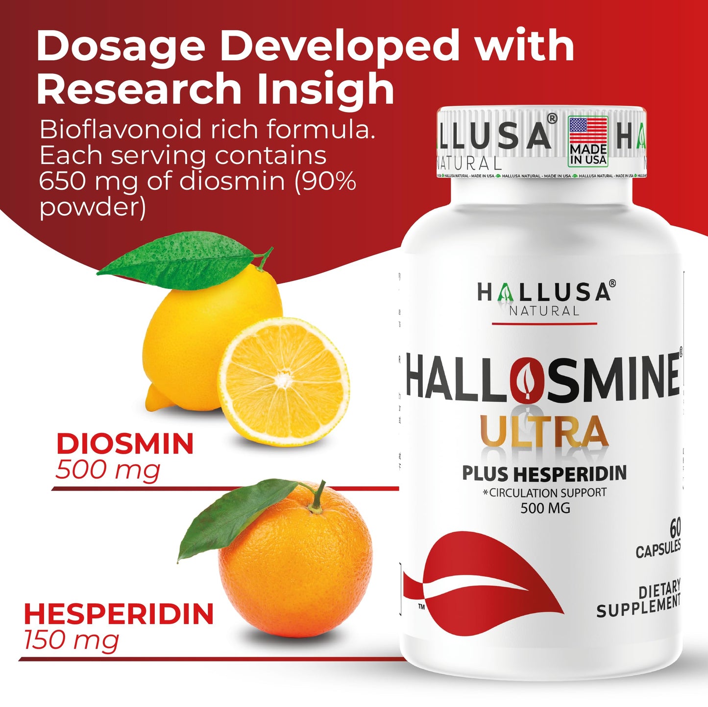 Hallusa Natural Hallosmine Ultra 650 mg Diosmin, Hesperidin High Potency Circulation & Vein Support Supplement, 120 Capsules