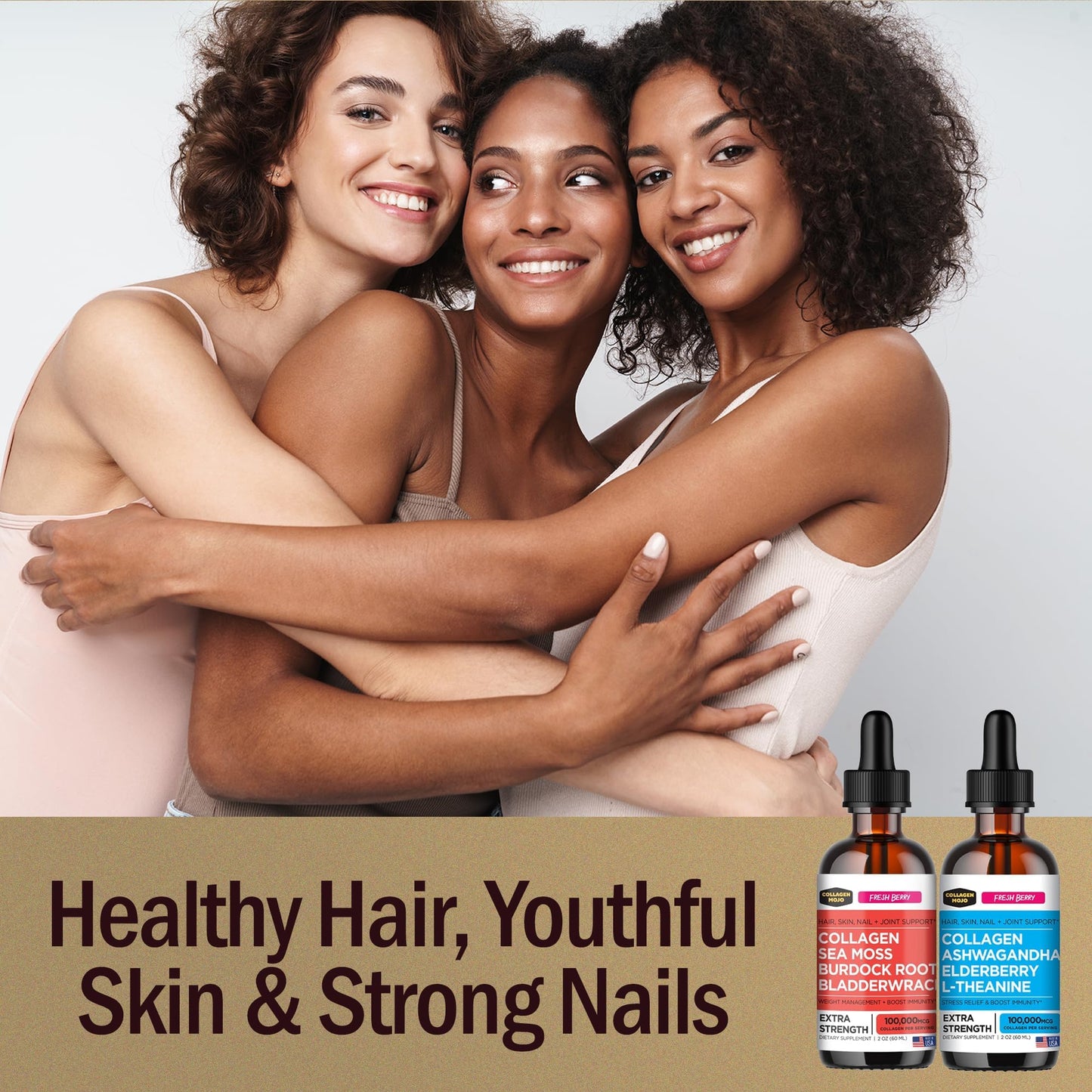 Collagen Mojo Liquid Collagen Peptides with Sea Moss, Burdock Root & Bladderwrack and Liquid Collagen Peptides with Ashwagandha, Elderberry & L-Theanine, 1