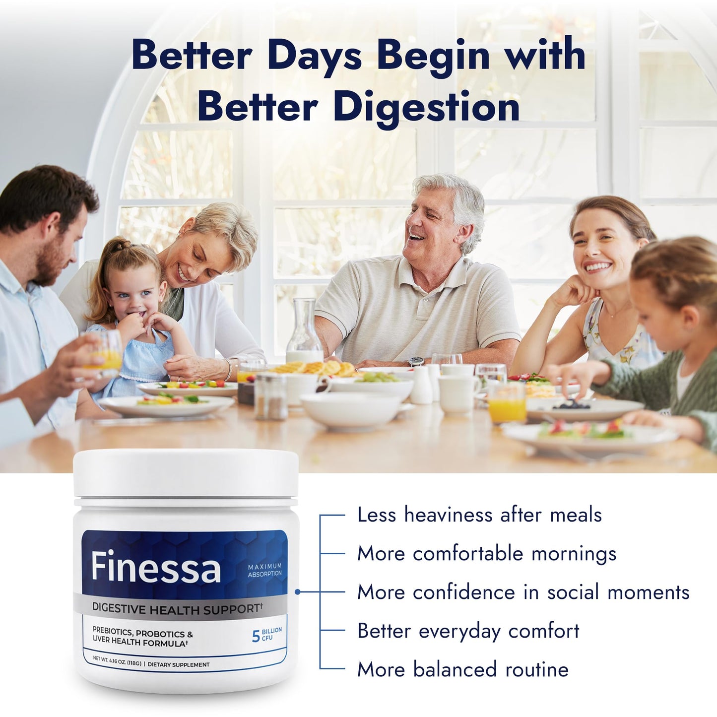 Finessa Digestive Probiotic Drink 2in1 Digestive & Gut Health Blend Powder, 3.99 Ounce (Pack of 3)