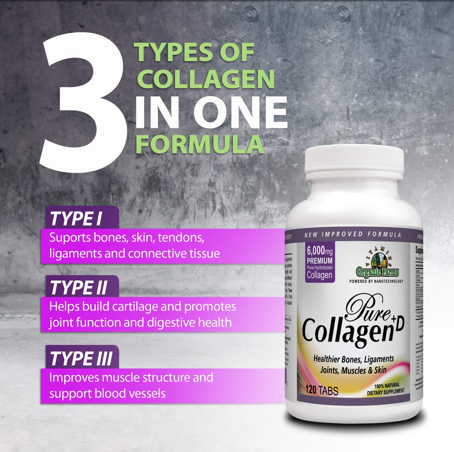 Organic Farms Vitamins Collagen Pure+D Premium Collagen Pills 6000mg Hydrolyzed Collagen Peptides Type I & III - 100% Natural Dietary Supplement, 120 Tablets