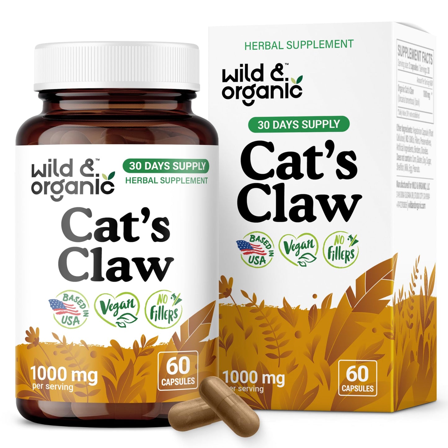 Wild & Organic Cat's Claw Herbal Supplement 1000 mg Capsules, 60 Count