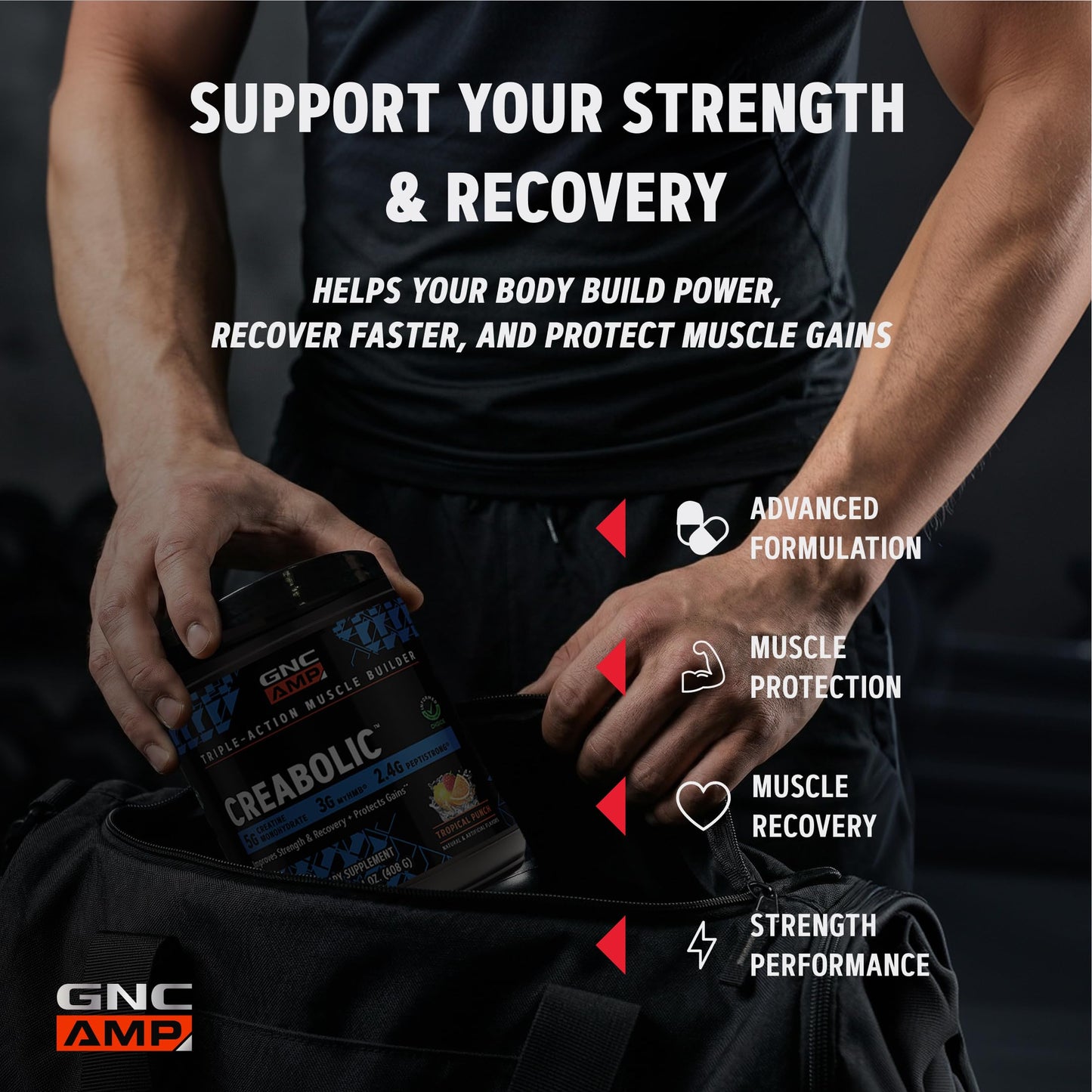 GNC AMP Creabolic Creatine Monohydrate Powder with HMB & PeptiStrong, Tropical Punch, 14.4 oz