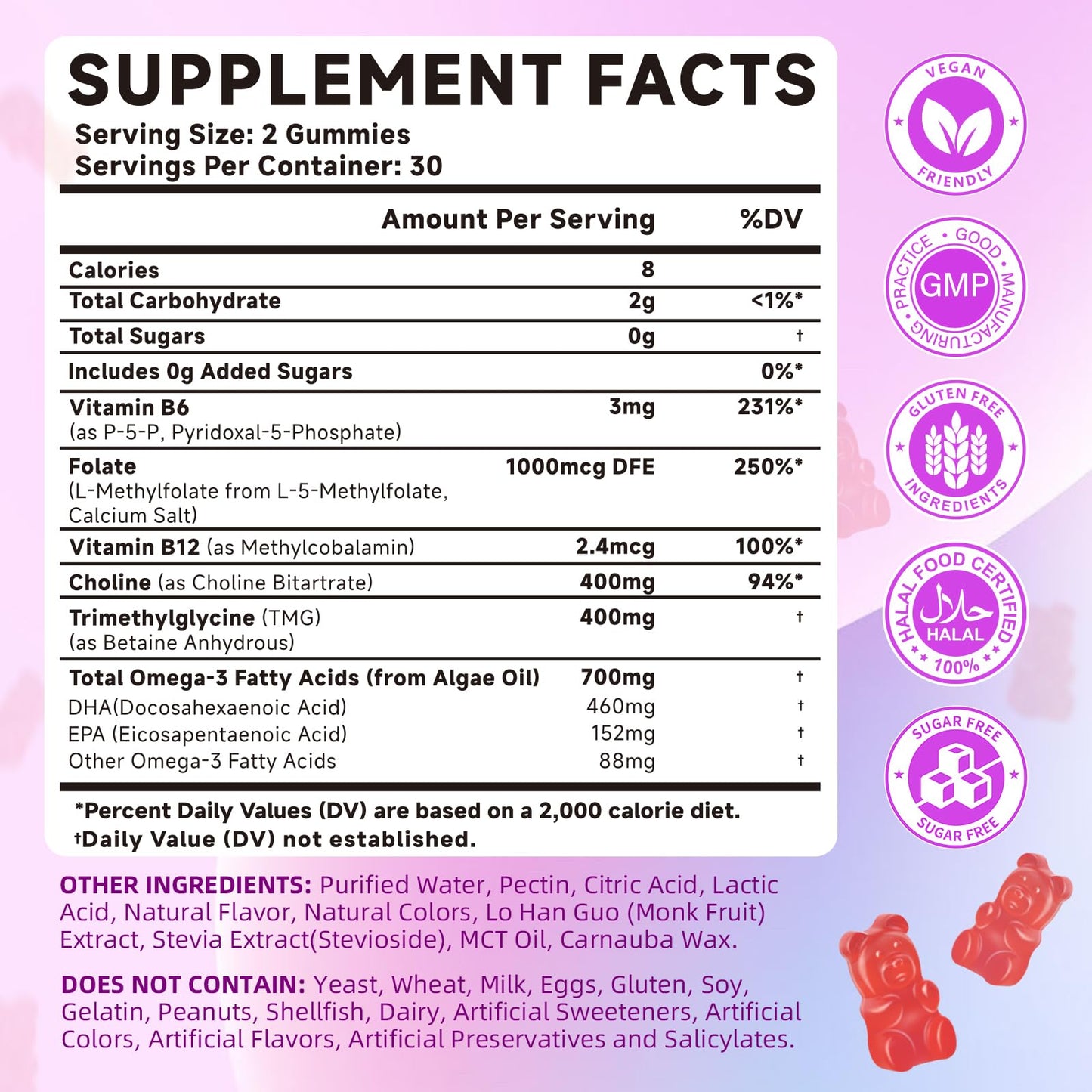 Mchokuu L-Methylfolate (5-MTHF) Gummies 1000mcg, Active Folate Supplement with Methyl B12, Choline, TMG & Omega-3, 60 Gummies