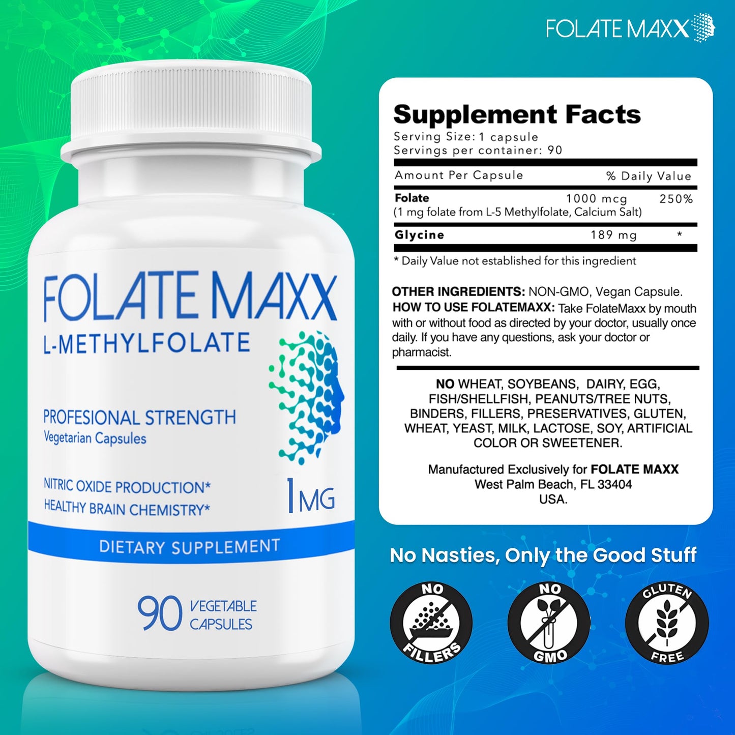 FOLATE MAXX L-Methylfolate Supplement (1mg) Capsules, 180 Count