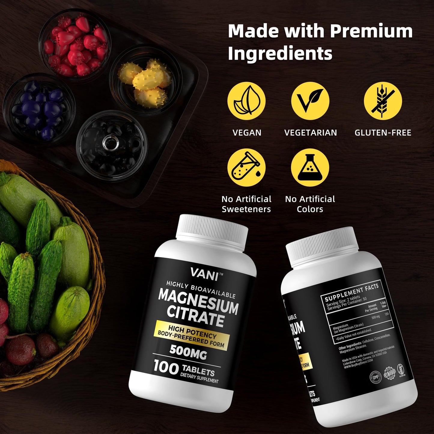 VANI Magnesium Citrate 500 mg Tablets, 100 Count