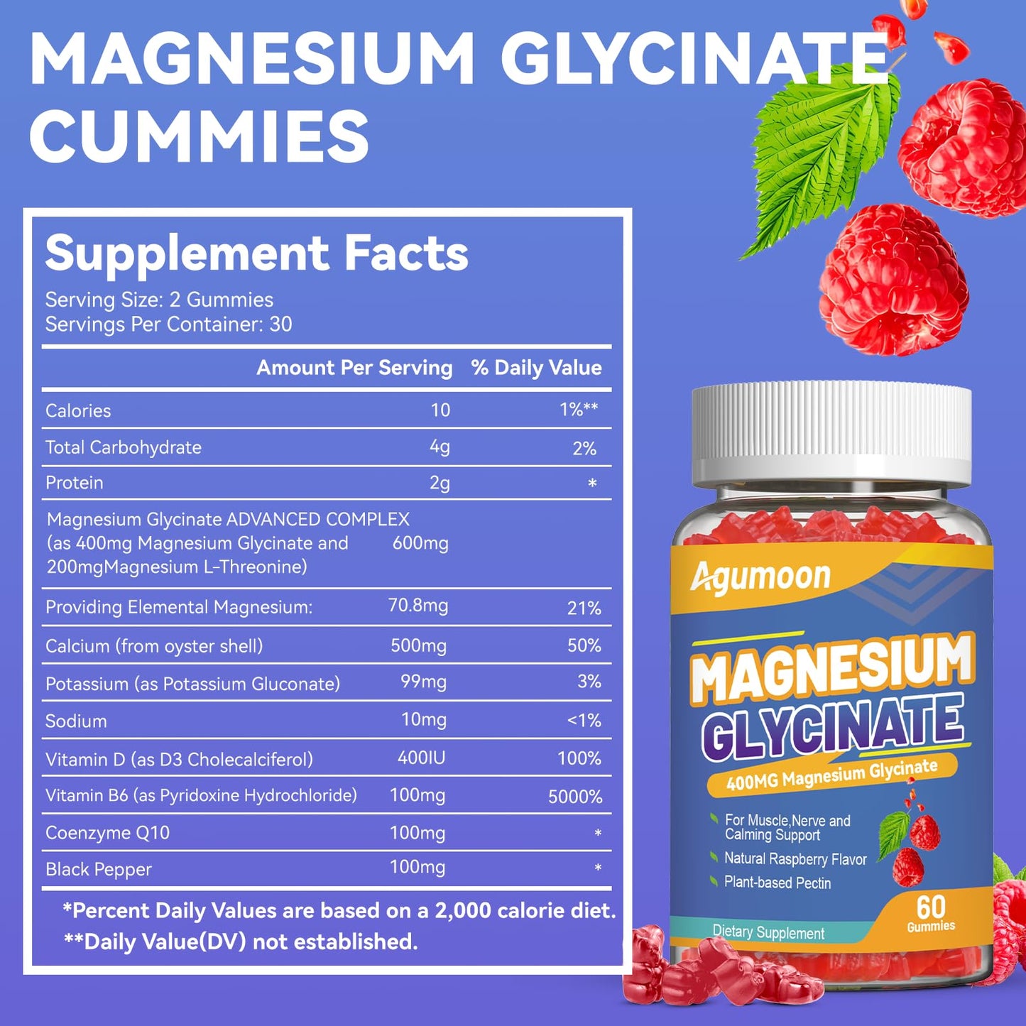 Agumoon Magnesium Glycinate Gummies 400mg with L-Threonate 200mg, 120 Gummies