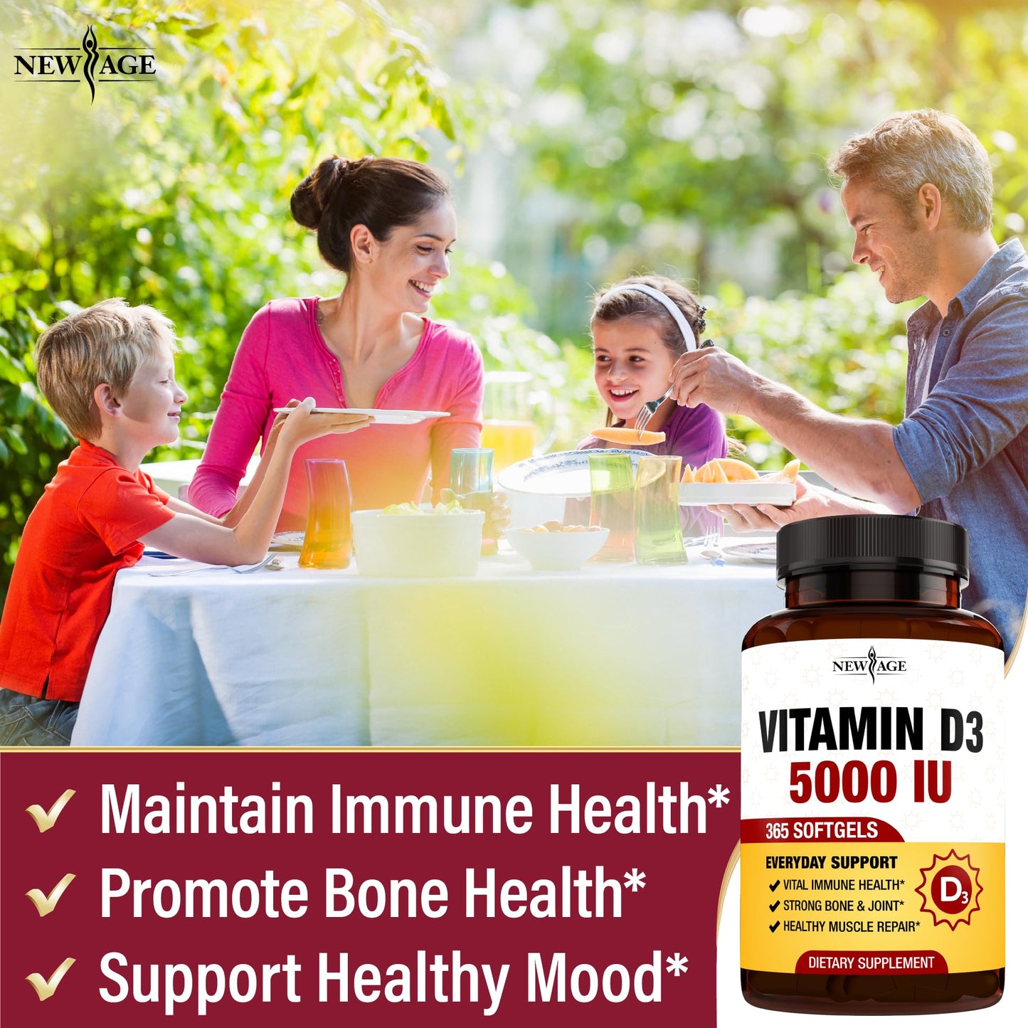 NEW AGE Vitamin D3 5000 IU 125mcg Softgel, 360 Softgels