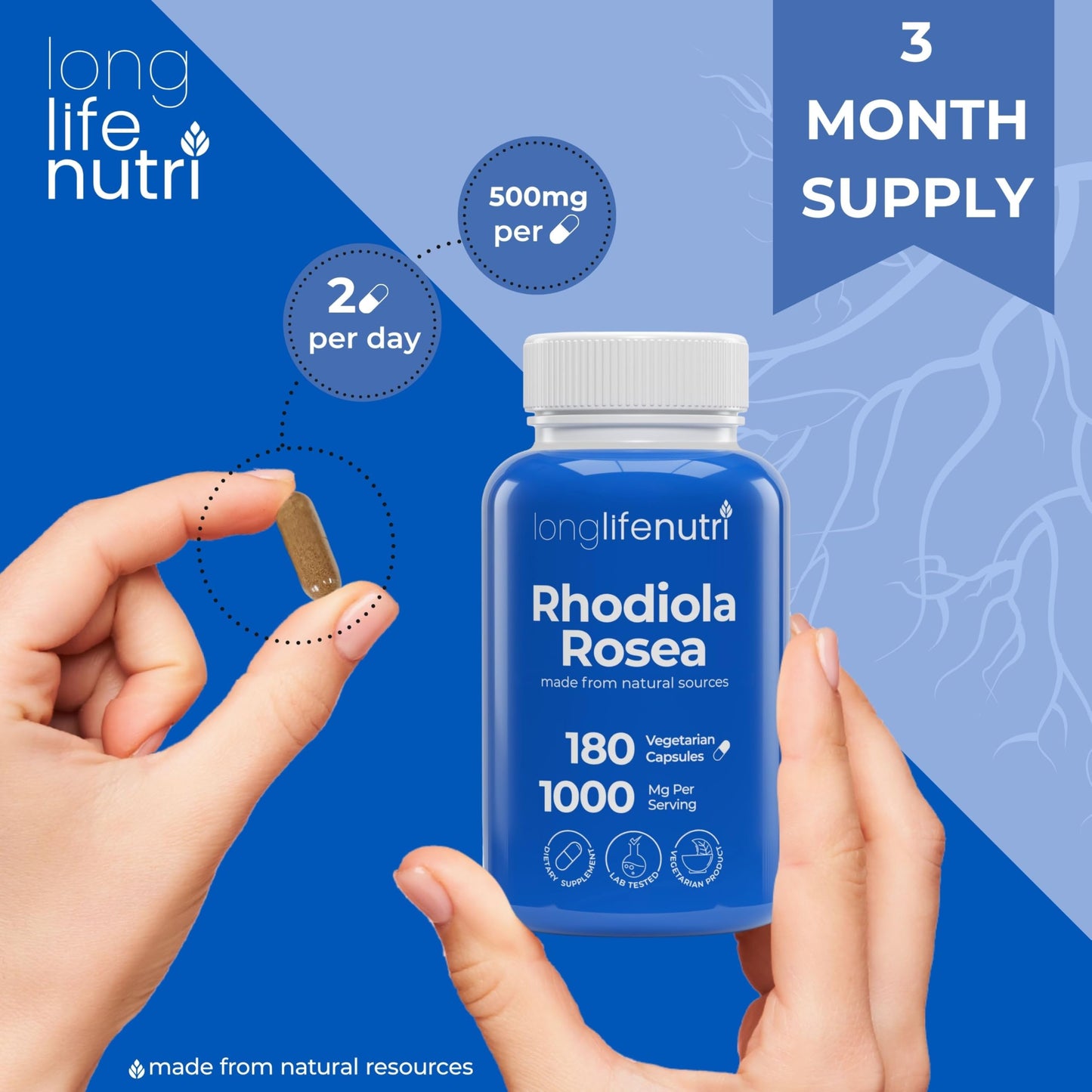LongLifeNutri Rhodiola Rosea 1000mg Vegetarian Capsules, 180 Count