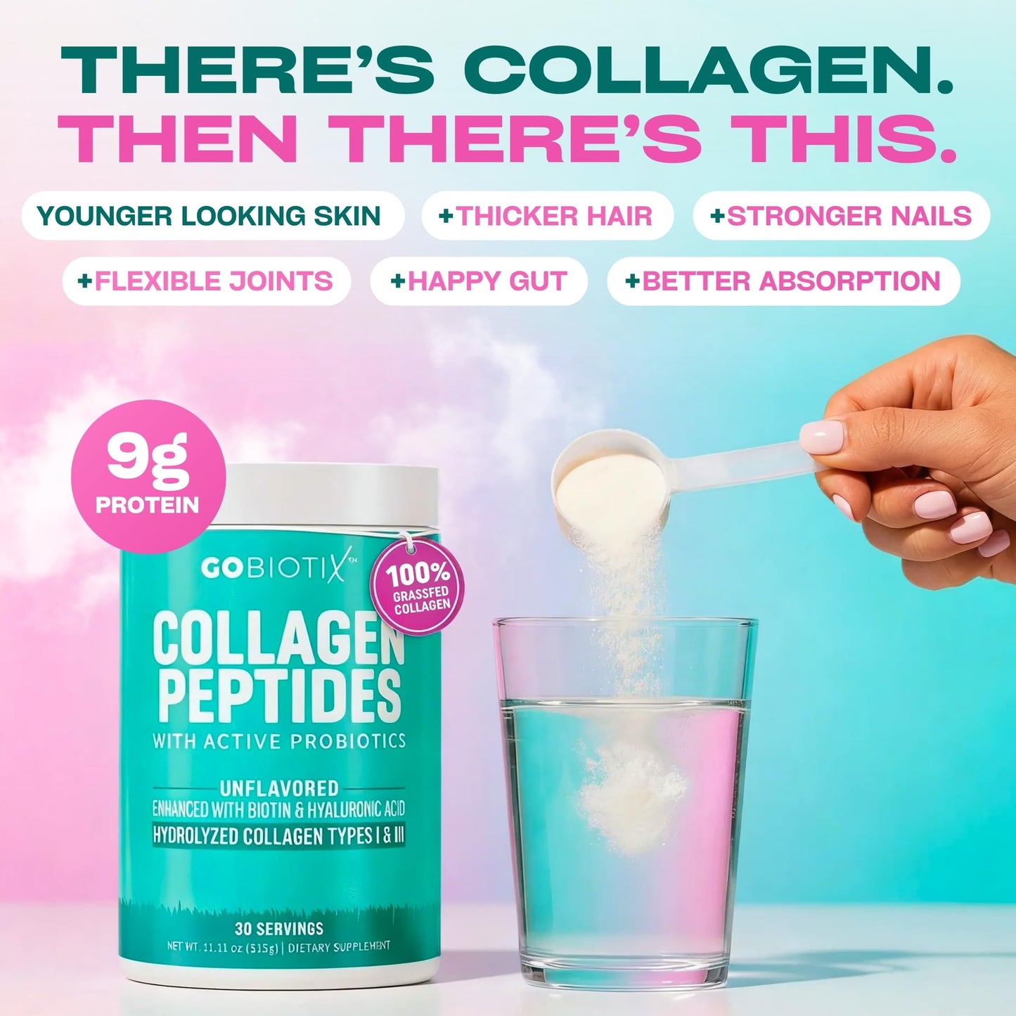 GOBIOTIX Collagen Peptides Powder with Probiotics, Biotin & Hyaluronic Acid - Hydrolyzed Collagen Supplement for Women - Hair Skin Nails, Joint & Digestive Health - Type I & III - 11.11 Ounce, 30 Servings