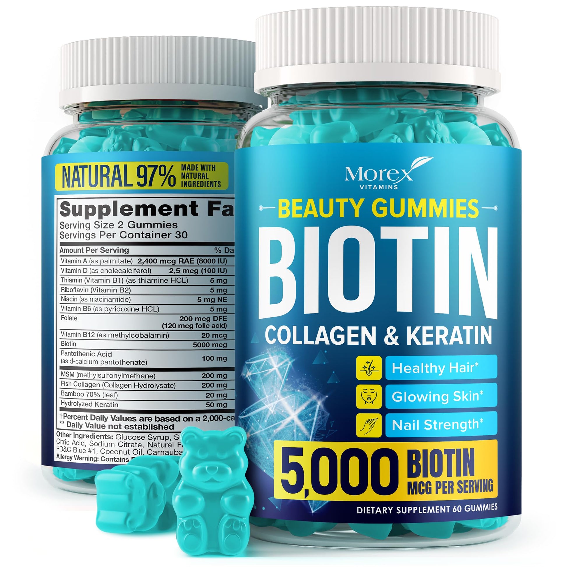 MOREX VITAMINS Biotin Collagen Keratin Gummies 60 Count