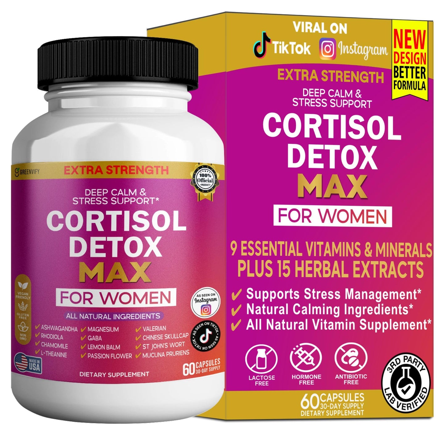 GREENVIFY Cortisol Detox Max for Women Extra Strength Stress Support 60 Capsules